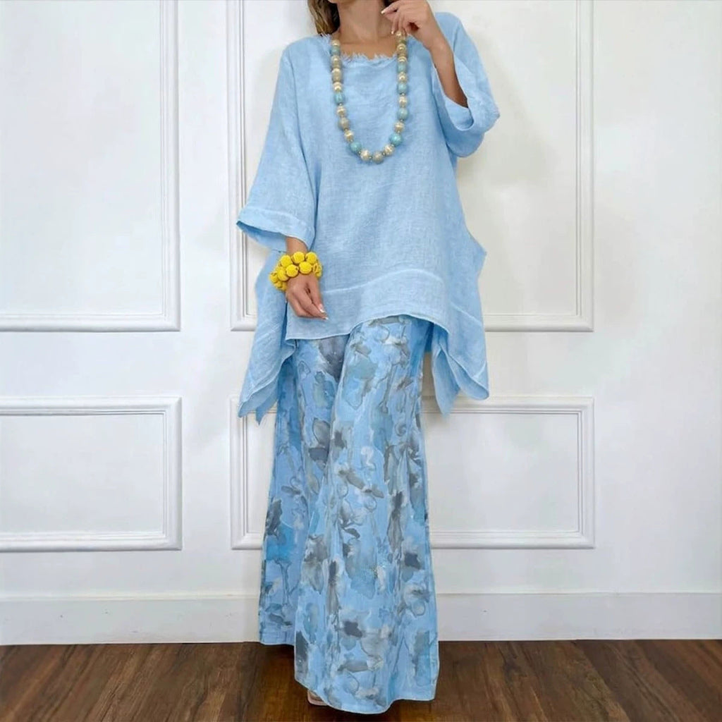 Irregular Hem Drop-Shoulder Top & Wide-Leg Pants Set | 3 Colors