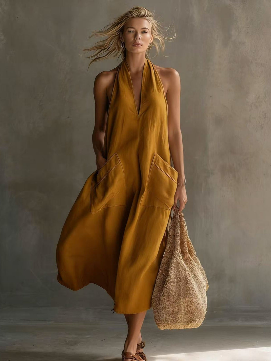 Women's Retro V-Neck Slip Dress – Loose Fit Sleeveless