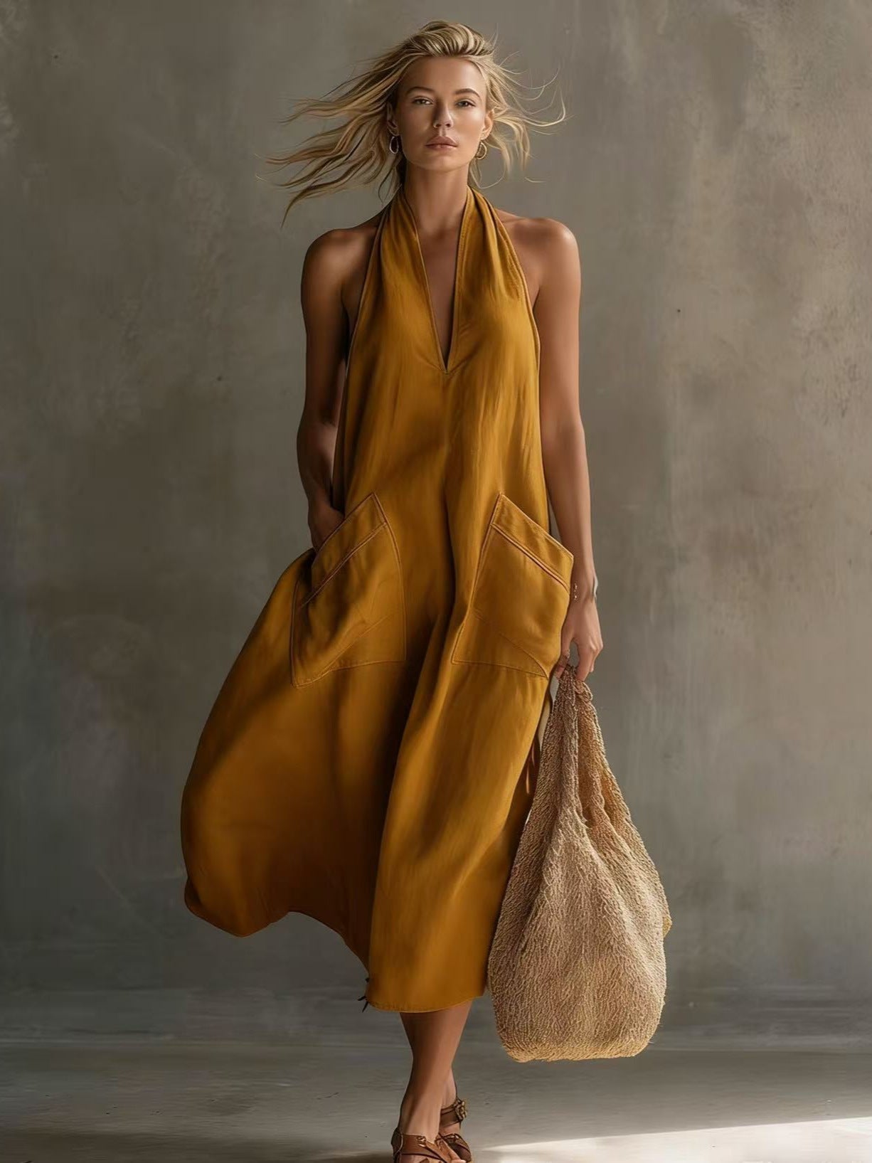 Women's Retro V-Neck Slip Dress – Loose Fit Sleeveless