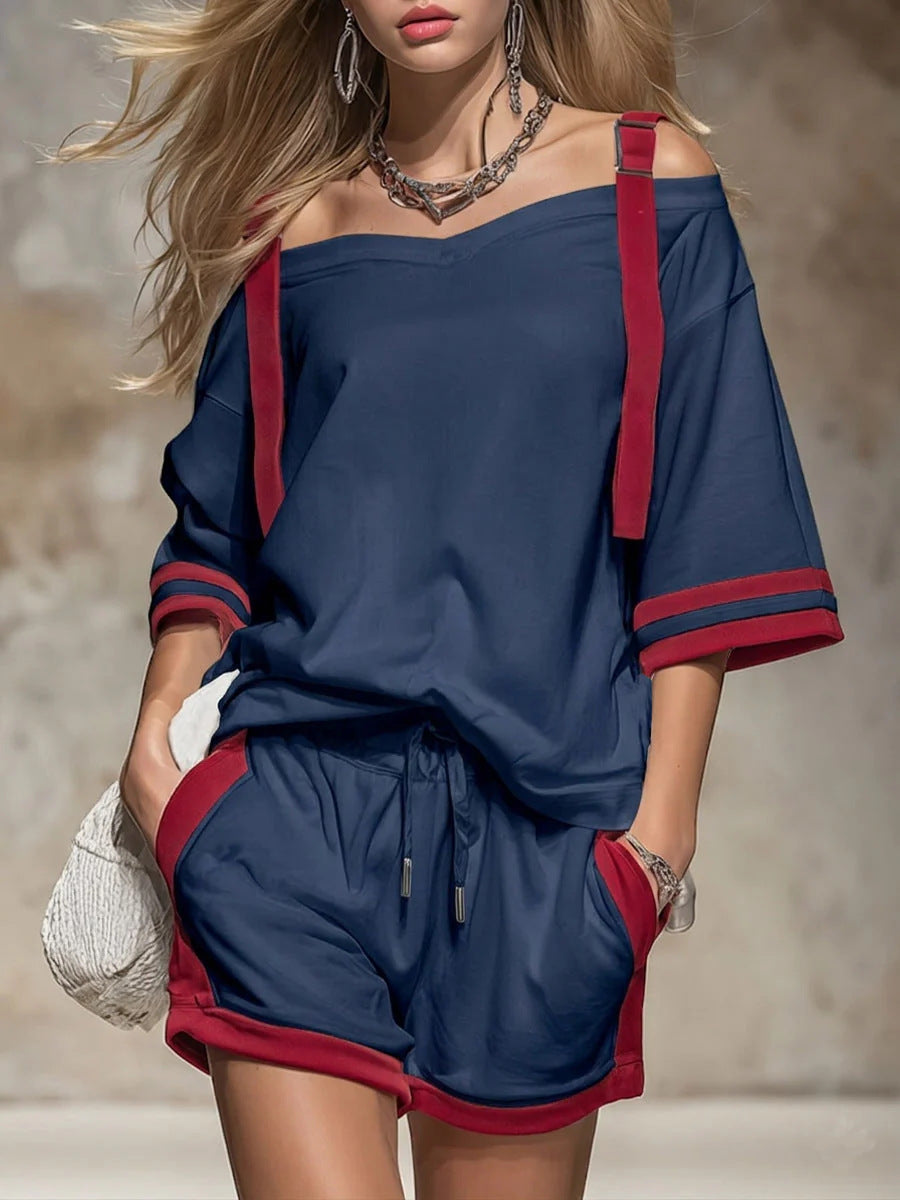 Women's Summer Contrast Color-Block Patchwork Shorts Set – 2-Piece
