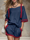 Women's Summer Contrast Color-Block Patchwork Shorts Set – 2-Piece