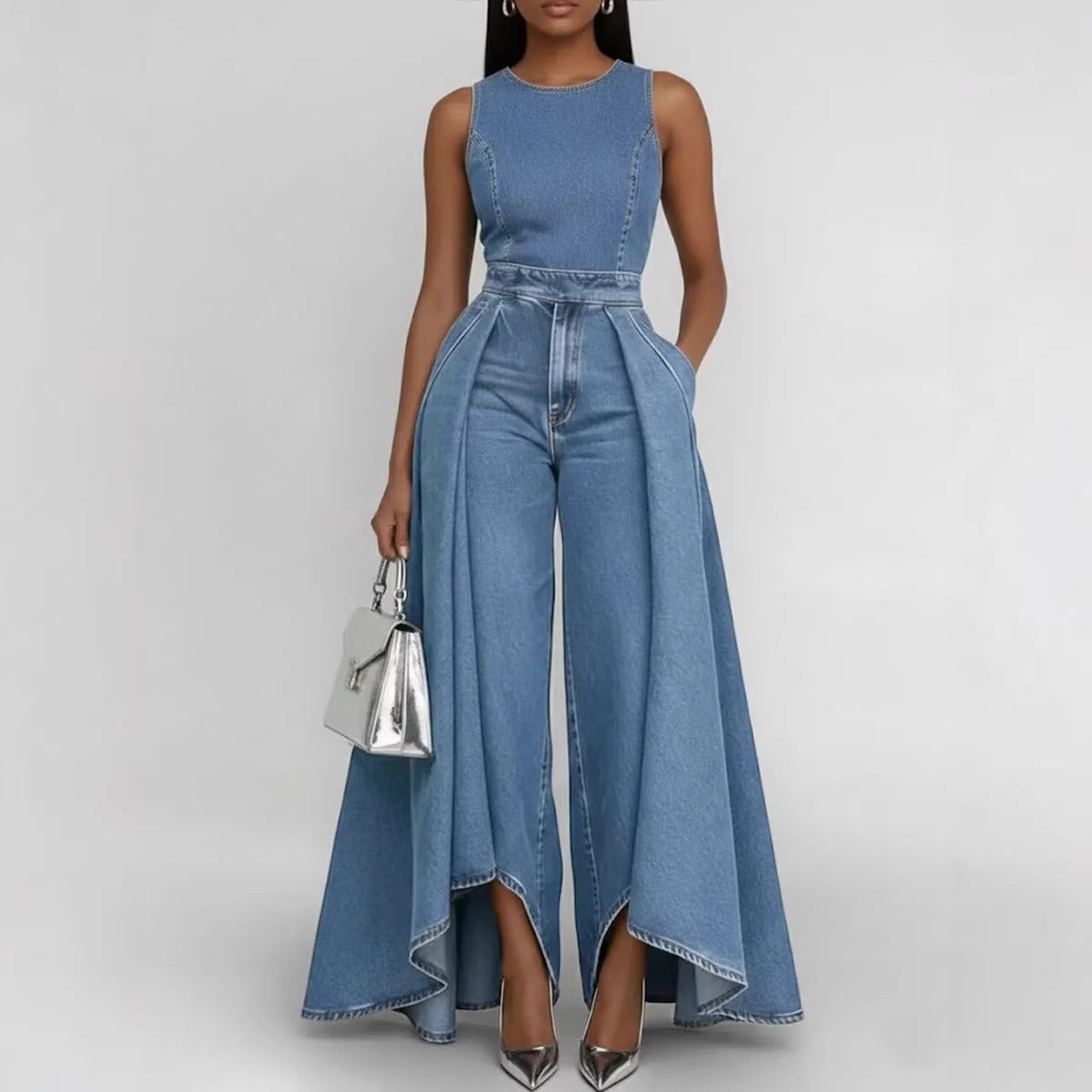 Women’s Crew Neck Sleeveless Wide-Leg Denim Jumpsuit