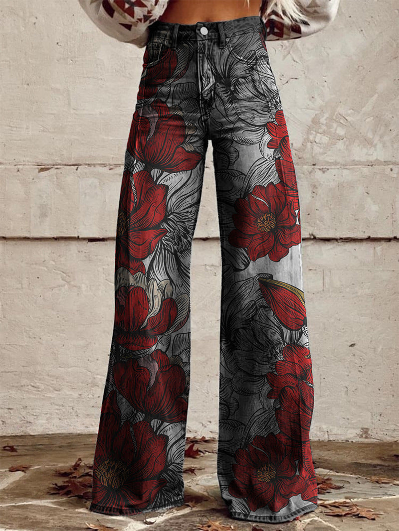 Women's Printed Flare Pants – Mid-Waist Full Length Plus Size