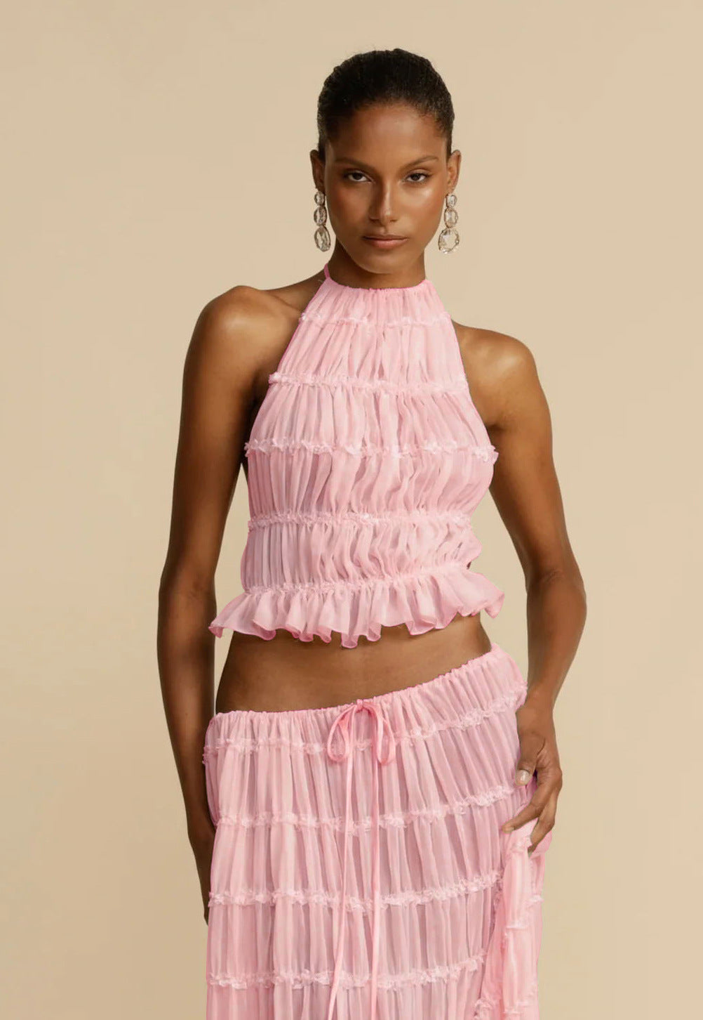🌴 2-Piece Women's Beachwear Set – Sleeveless Halter Crop Top