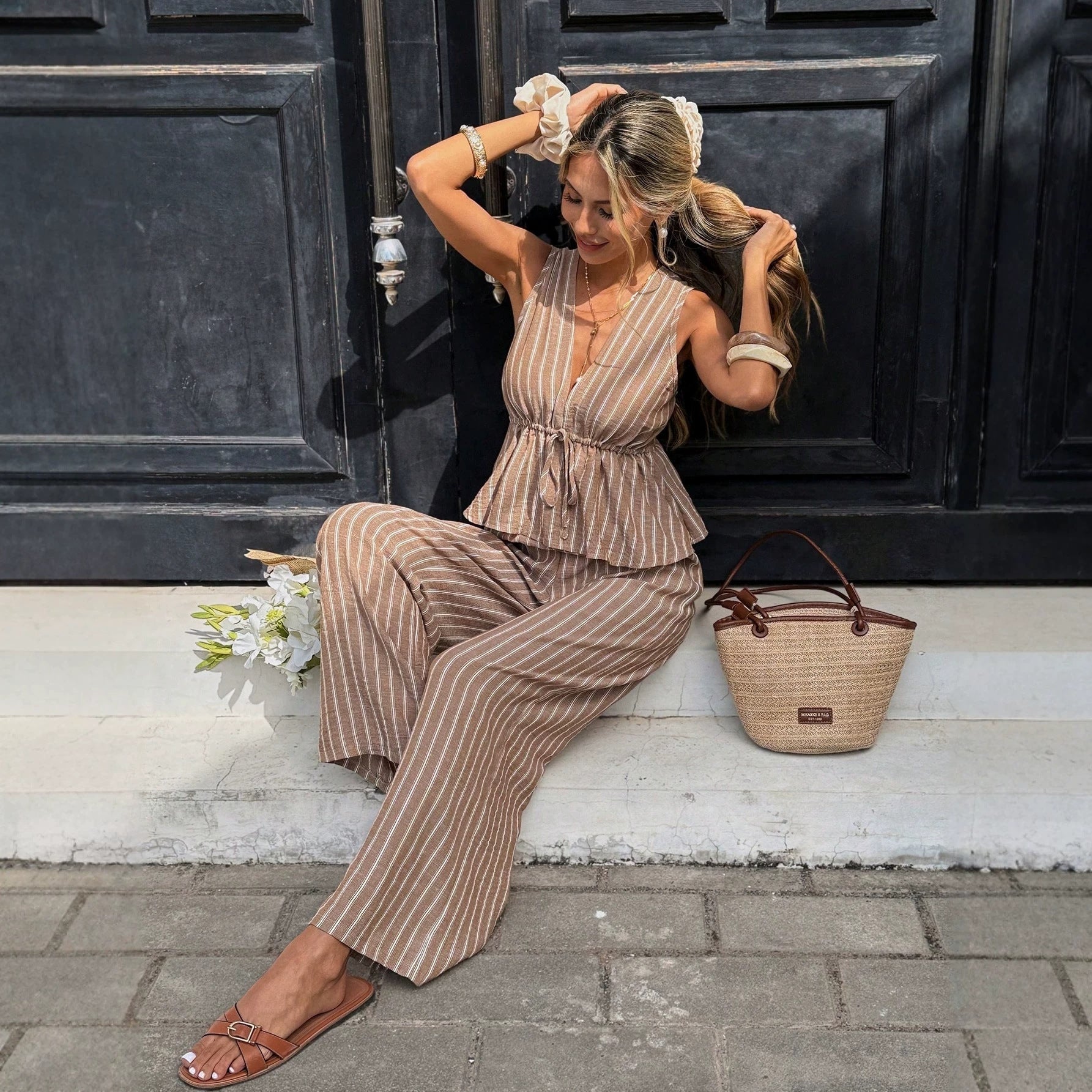 Women's Striped Sleeveless Top & Wide-Leg Pants Two-Piece Set
