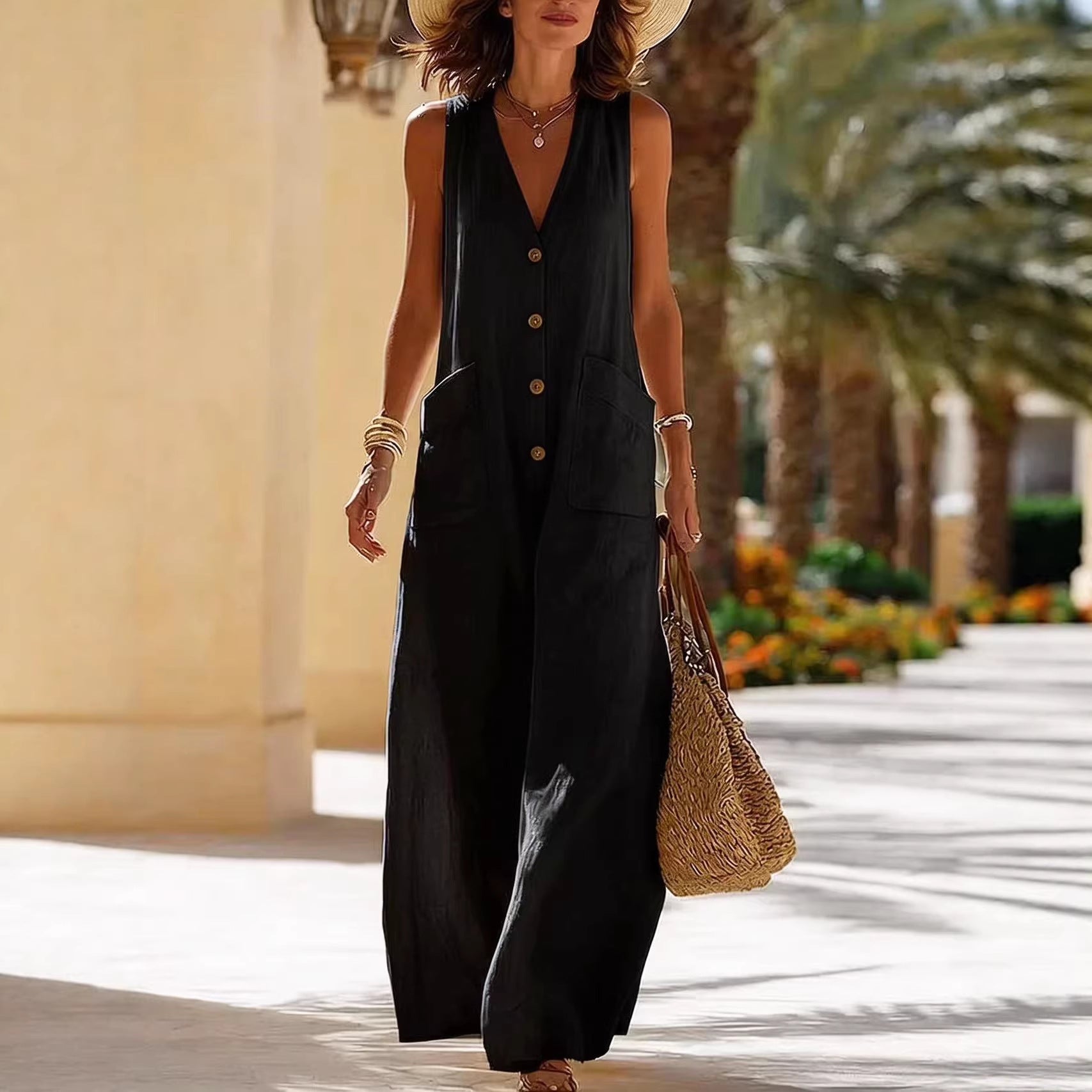 Women's Sleeveless Wide-Leg Jumpsuit – Button Pockets