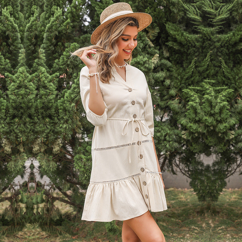 Women's V-Neck A-Line Dress – Three-Quarter Sleeve Button Contrast Panel