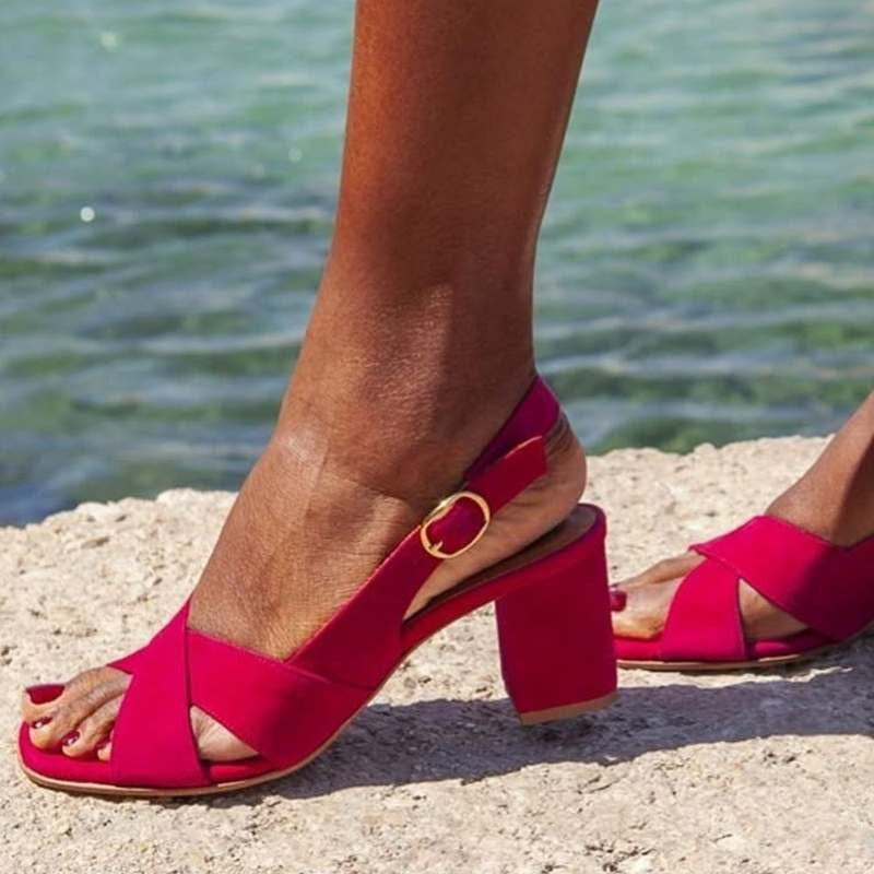 Women's Open-Toe High Heel Sandals | Buckle Strap Minimalist Heels in Red & Blue | Sizes 34–43