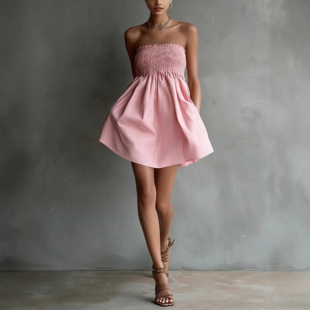 Women's Strapless Tube Mini Dress – Solid Color Elastic Waist