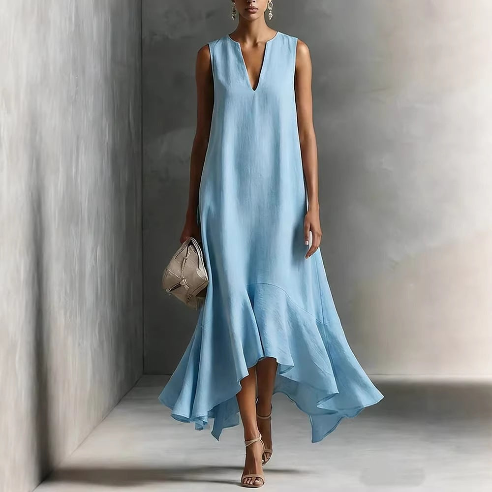 Women's Deep V-Neck Sleeveless Asymmetrical Maxi Dress – Patchwork