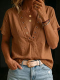 Women's V-Neck Short-Sleeve Loose-Fit Linen Shirt
