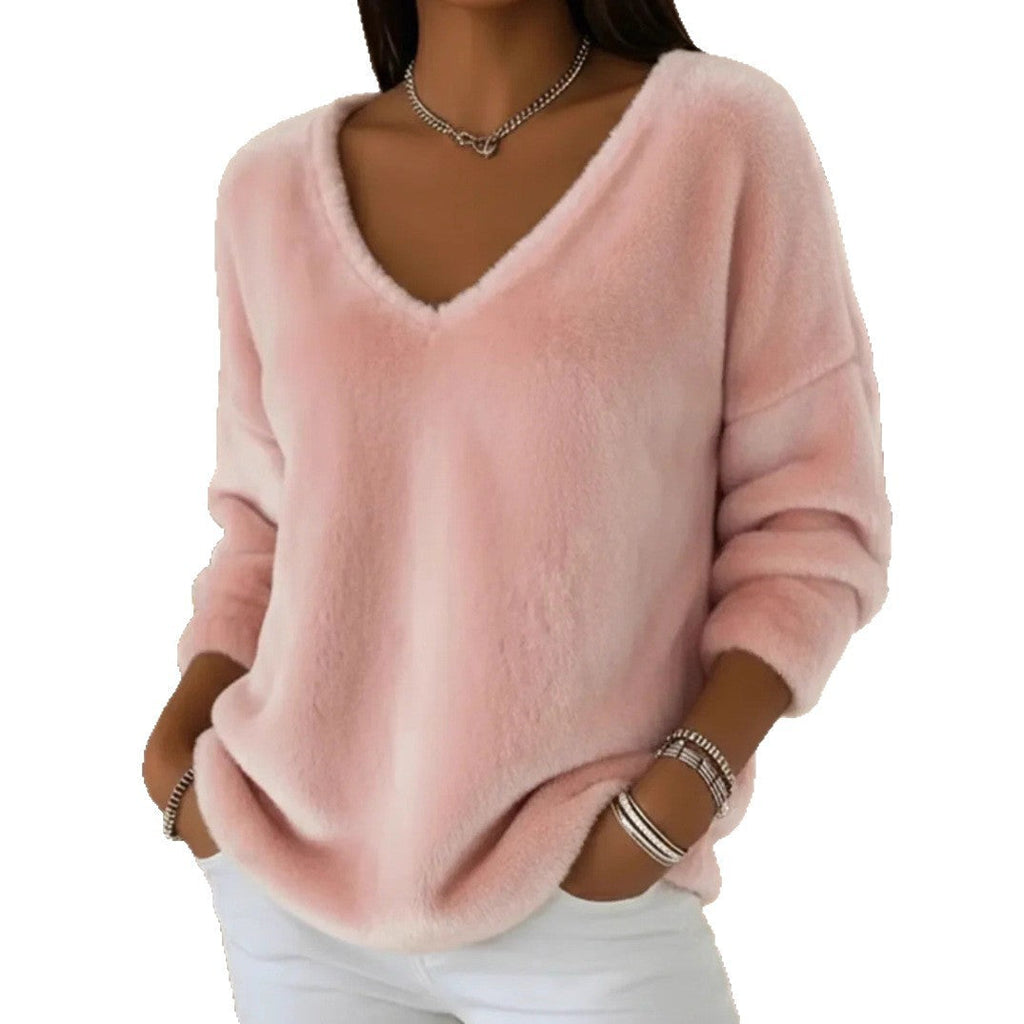 Women’s Plush V Neck Drop Shoulder Pullover Sweater