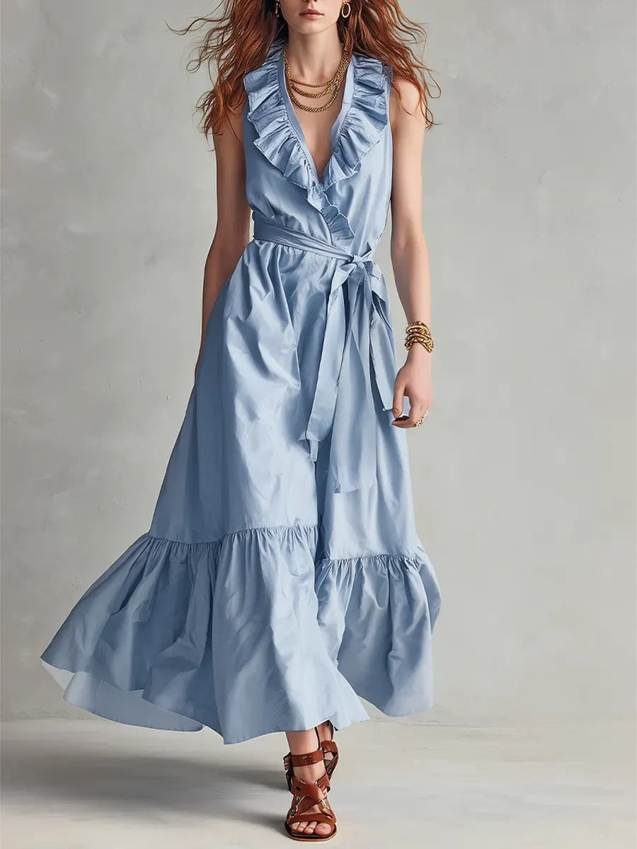 Women's V-Neck Sleeveless Lace-Up Panelled Maxi Dress – Wide Flare