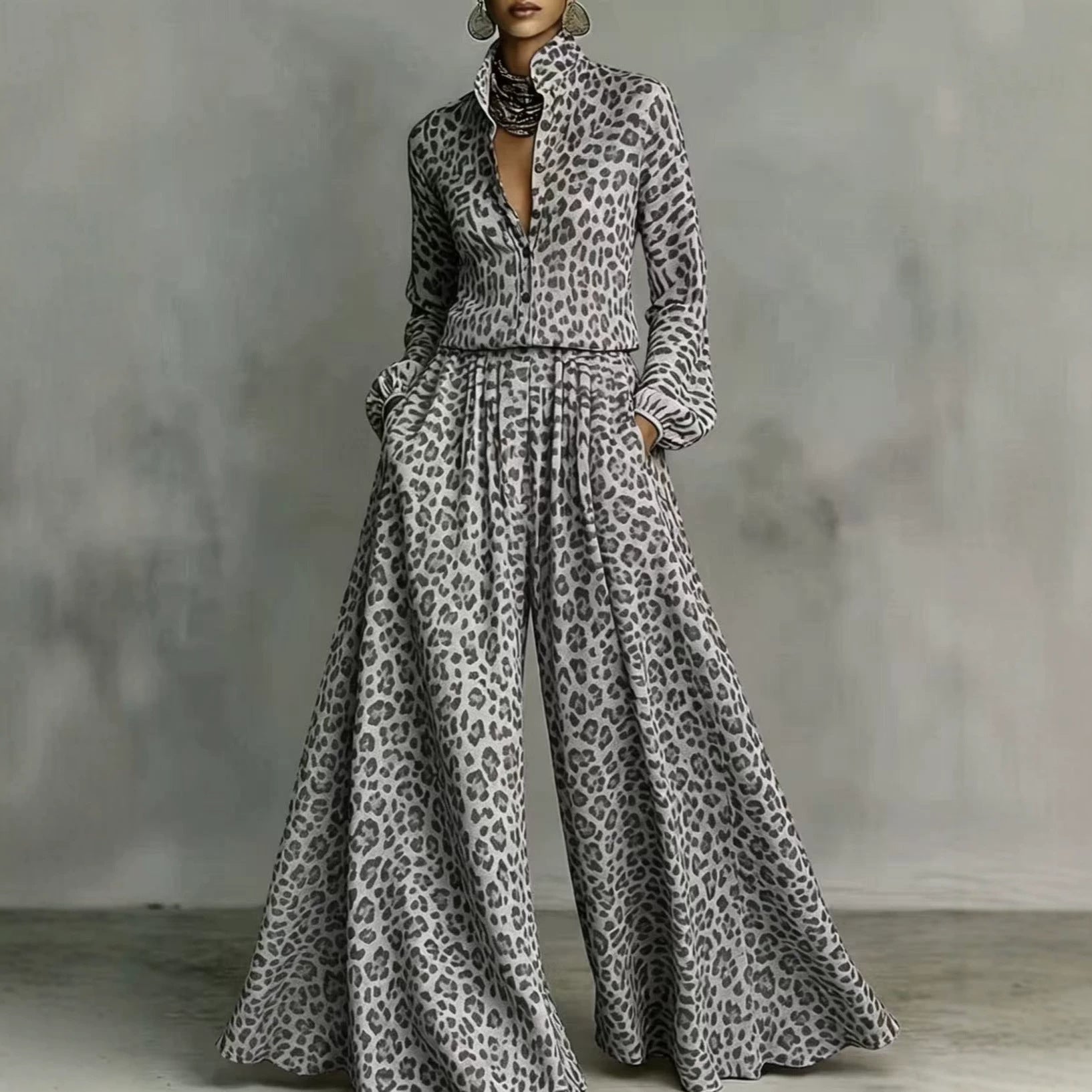 Leopard Print Wide-Leg Pants Set – Women’s Casual Two-Piece