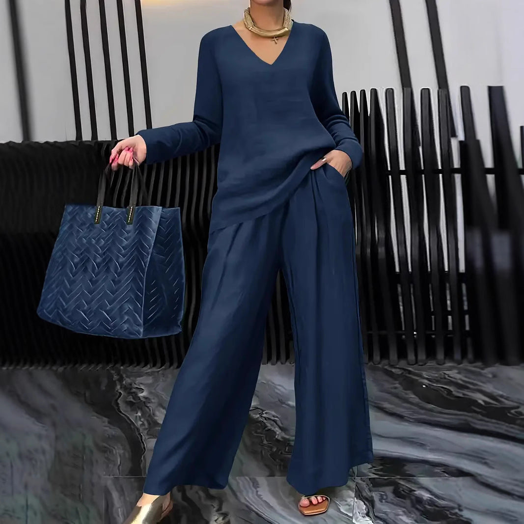 Solid Color Long Sleeve Top & Pants Two-Piece Travel Set