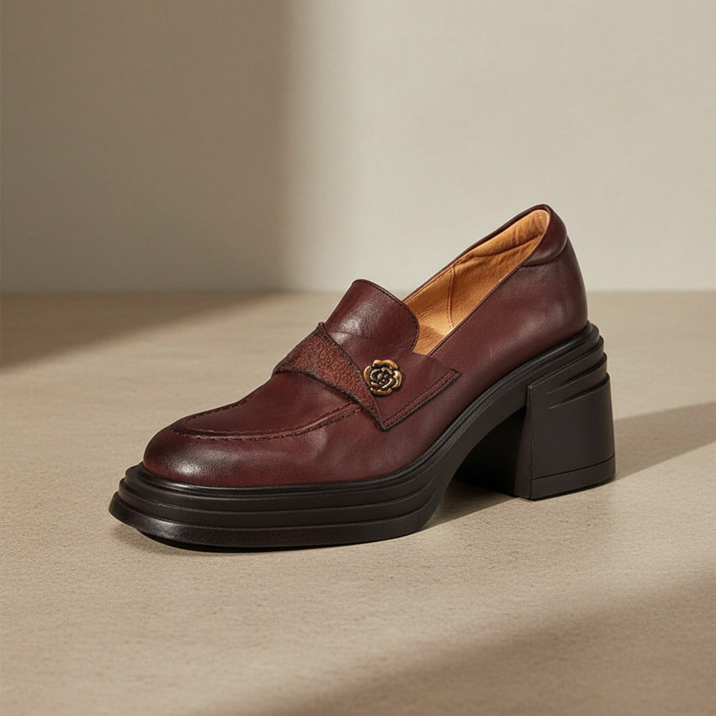 Women’s Vintage Chunky Heel Leather Shoes – Retro Style