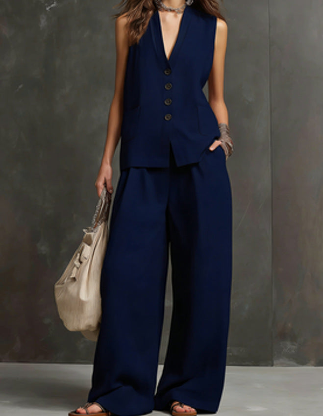 Women's Linen Sleeveless Vest & Wide-Leg Pants Two-Piece Set