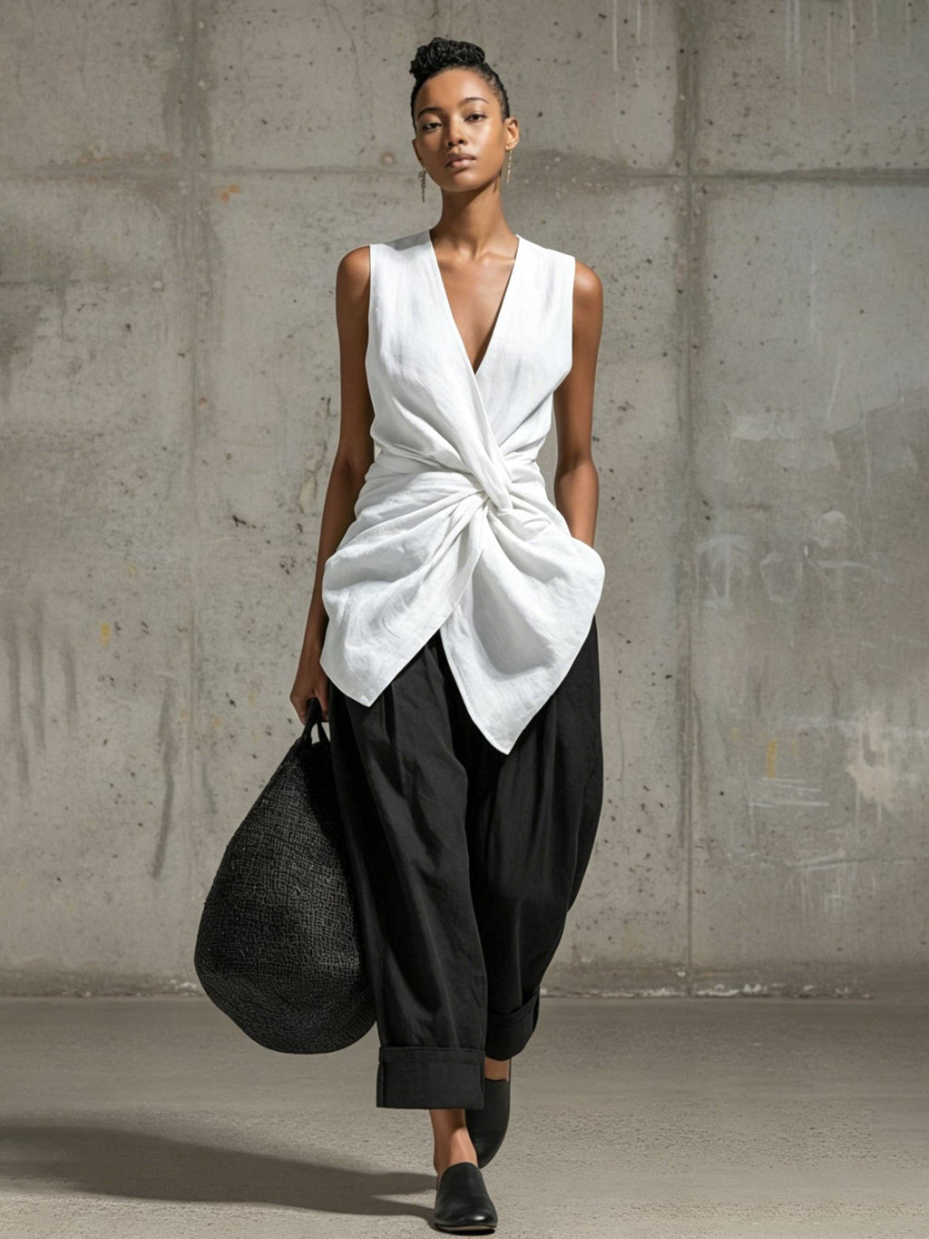 Women's Tie-Front V-Neck Sleeveless Top & Wide-Leg Pants Set
