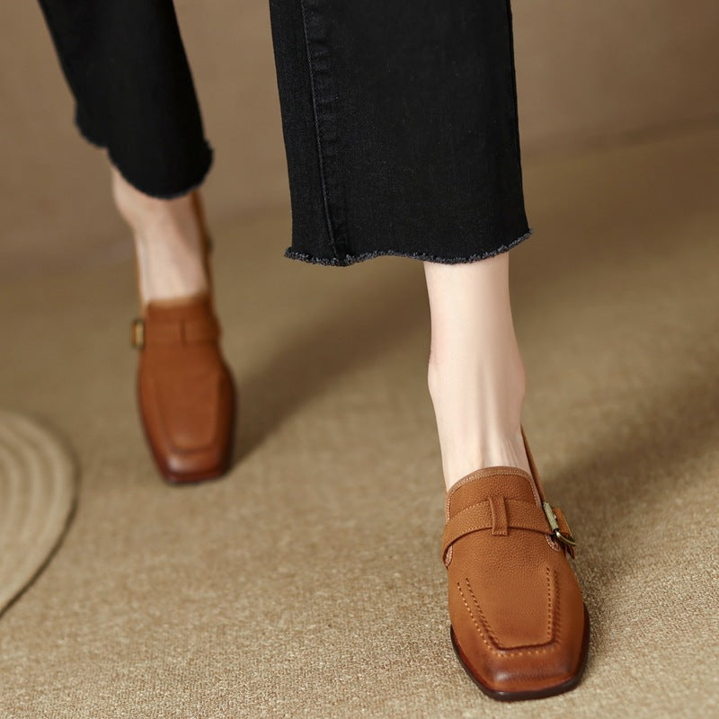 Women's Retro British Style Chunky Heel Leather Shoes – Round Toe Commuter