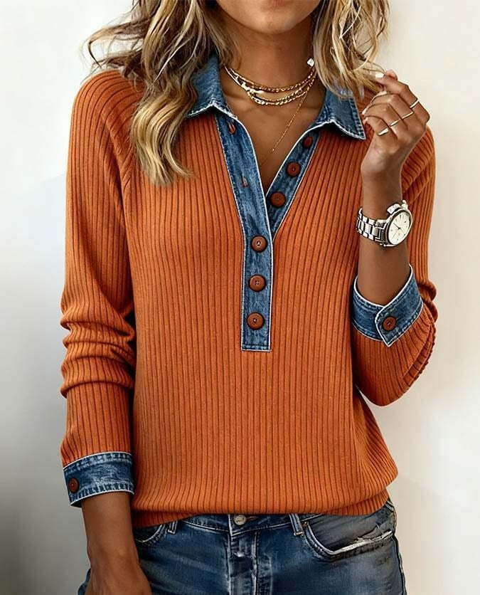 Denim Collar Patchwork Pullover Knitwear Top – Women’s Street Style