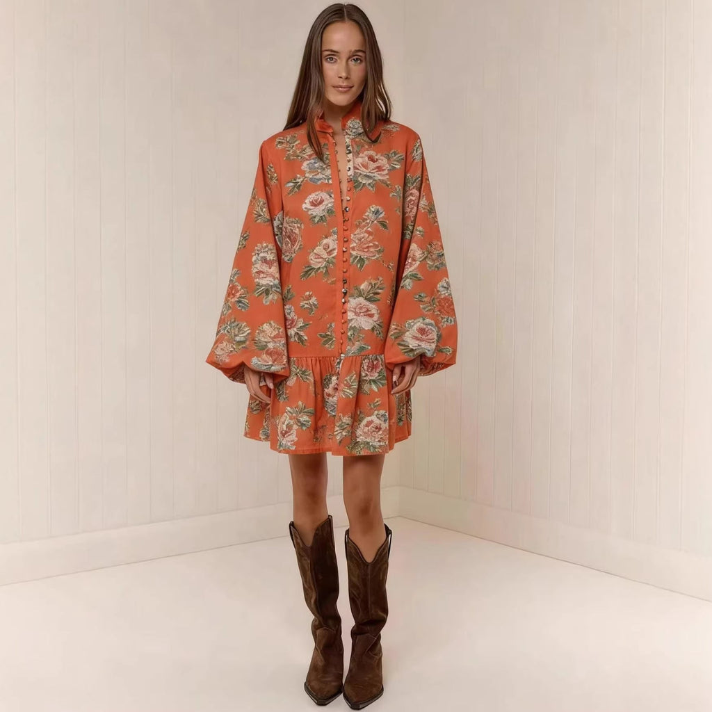 Digital Print Lantern Sleeve Linen Midi Dress – Loose Fit Pullover