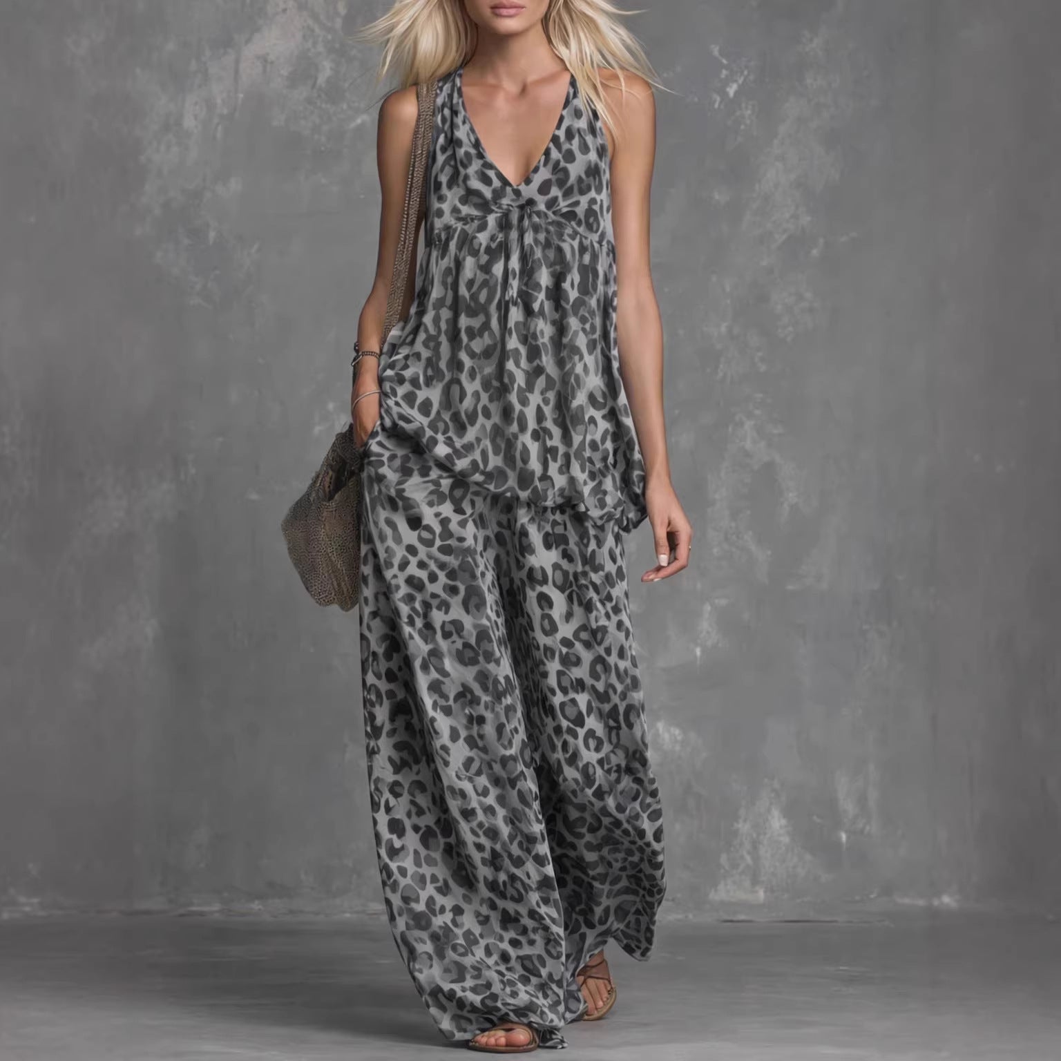 Women’s Leopard Print Sleeveless Top and Chiffon Pants Set