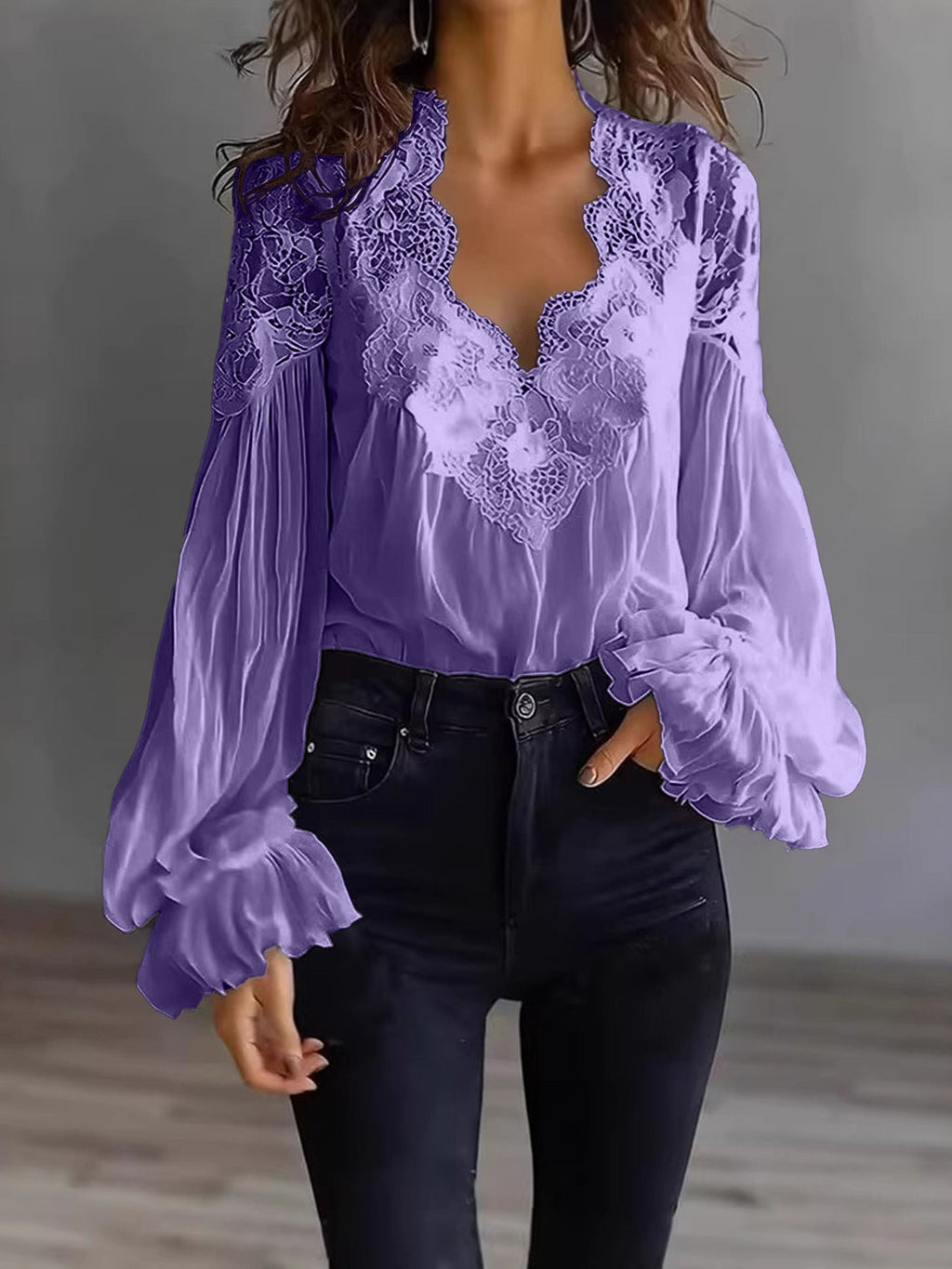 Lace-Panel Puff Sleeve Pleated Ruffle Shirt | Ballet Style