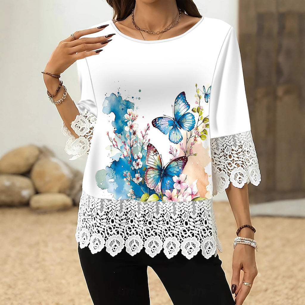 Printed Patchwork Three-Quarter Sleeve Top – Women's Loose Fit Pullover