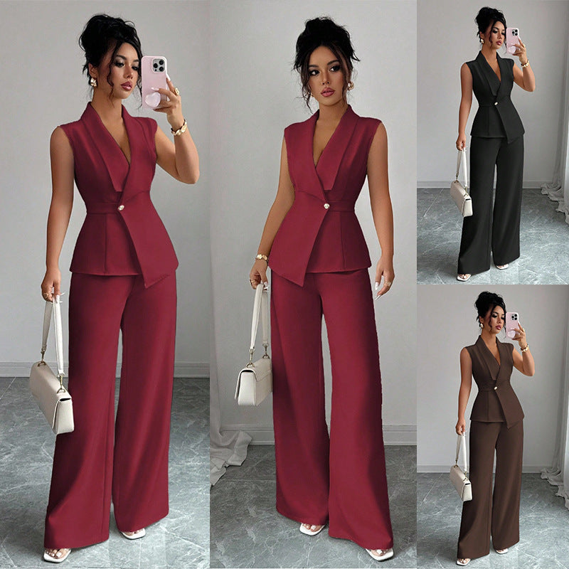 Women's Sleeveless Blazer & Straight-Leg Pants Two-Piece Set