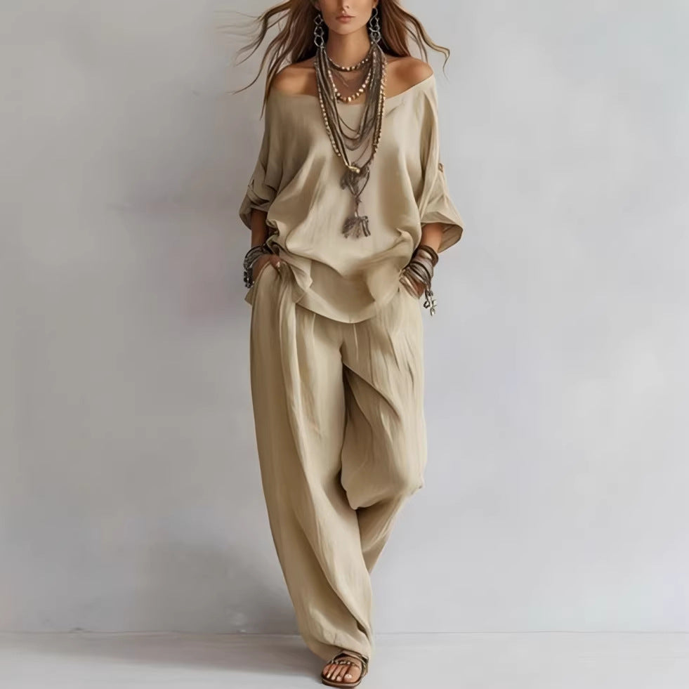 Women's Off-Shoulder Top & Wide-Leg Pants Set
