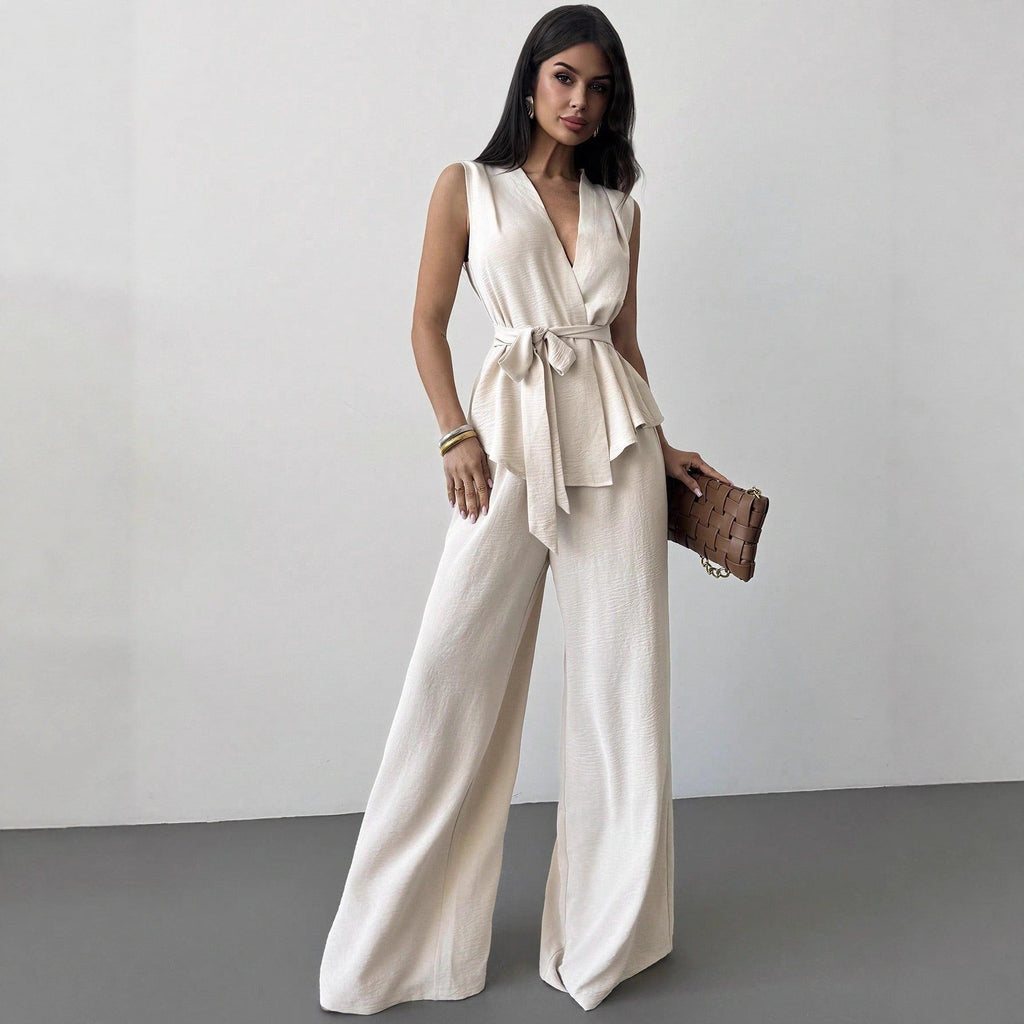 Women's Lace-Up V-Neck Vest & Pants Two-Piece Set – Elegant Commuter