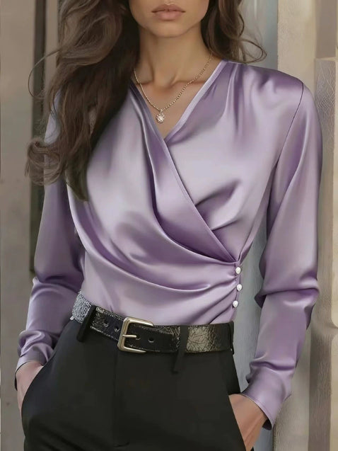 Women's Elegant Cross V-Neck Blouse, Ruffle Detail Button Accent Office Shirt