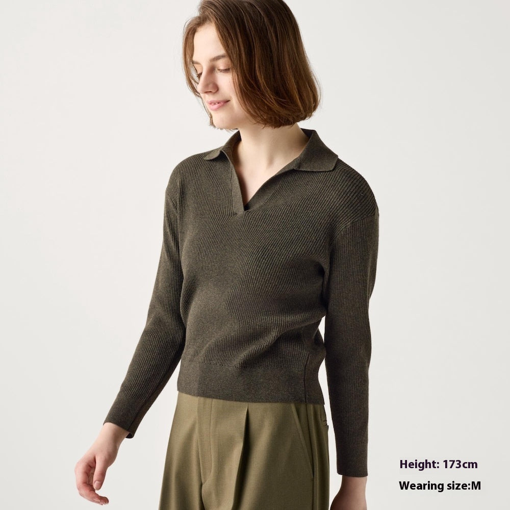 Women’s Ribbed Half-Open Collar Sweater