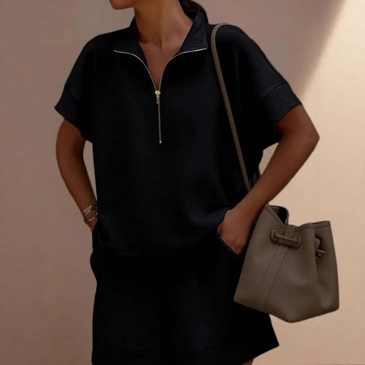 Women's Solid Color Sweatshirt Set – Casual 2-Piece Short Top & Pants