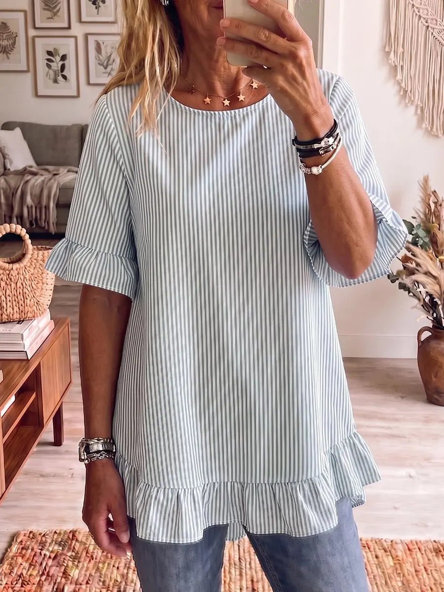 Women's Striped Ruffle-Sleeve Loose-Fit Blouse – Three-Quarter Sleeve