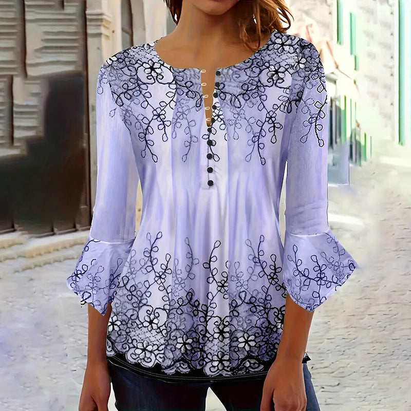 Women’s V-Neck 3/4 Sleeve Button-Front Tunic Blouse