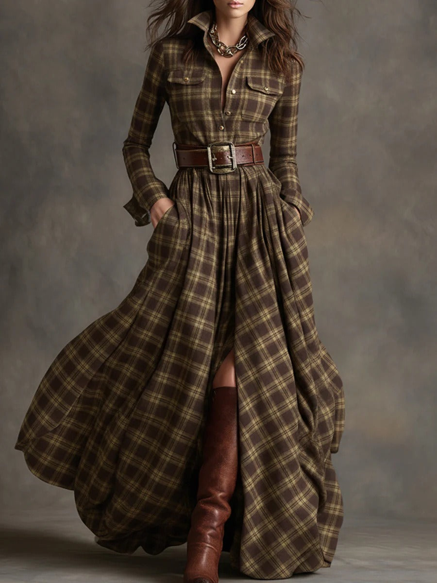 Women's Plus Size Plaid Print Long Sleeve Shirt Dress with Pockets