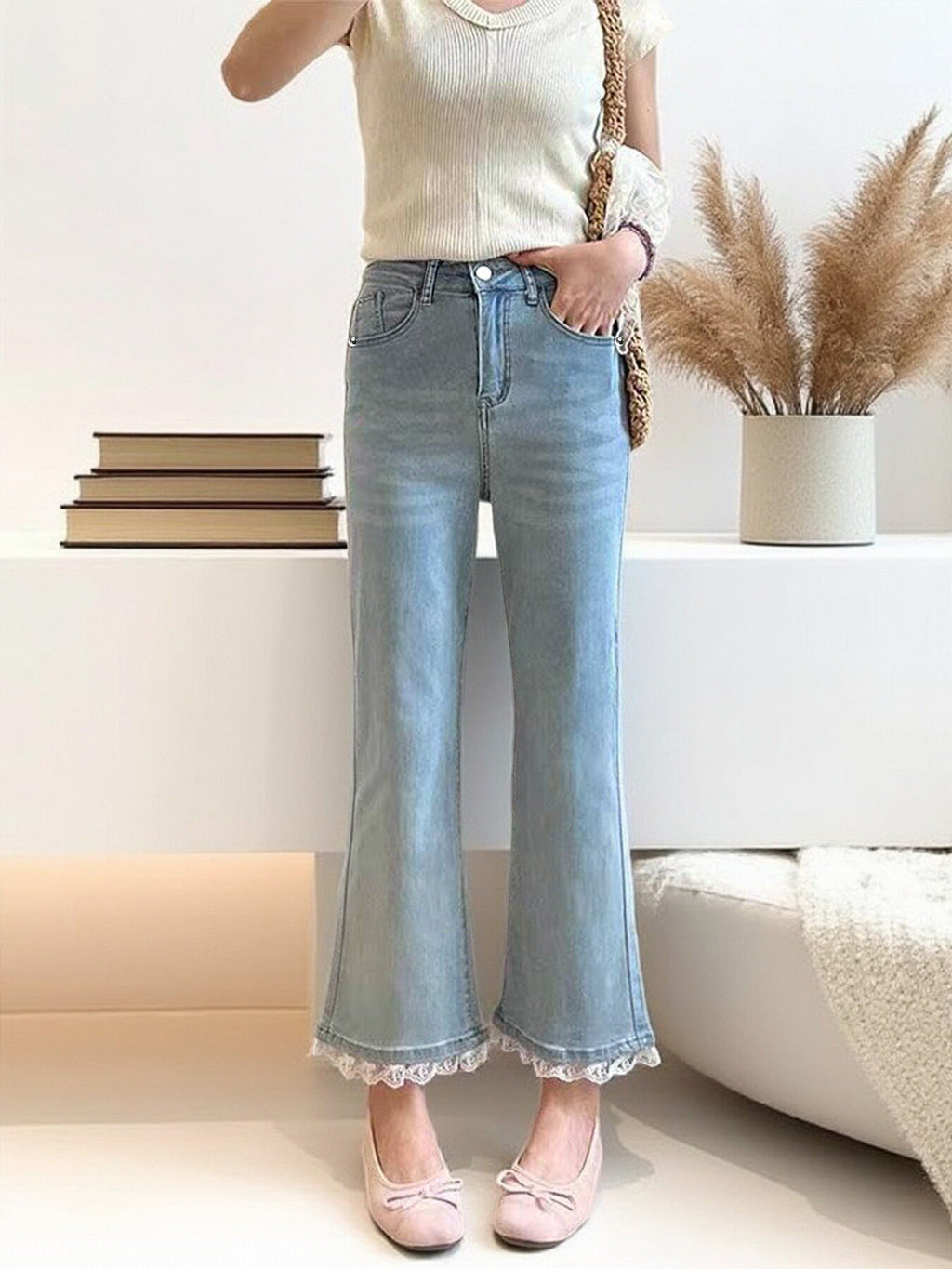 Light Blue Micro-Flare Lace Stretch Jeans for Women