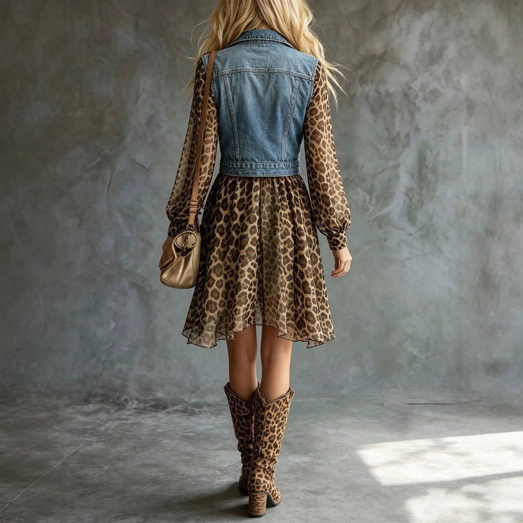 Women's Denim-Look Chiffon Patchwork Long Sleeve Maxi Dress