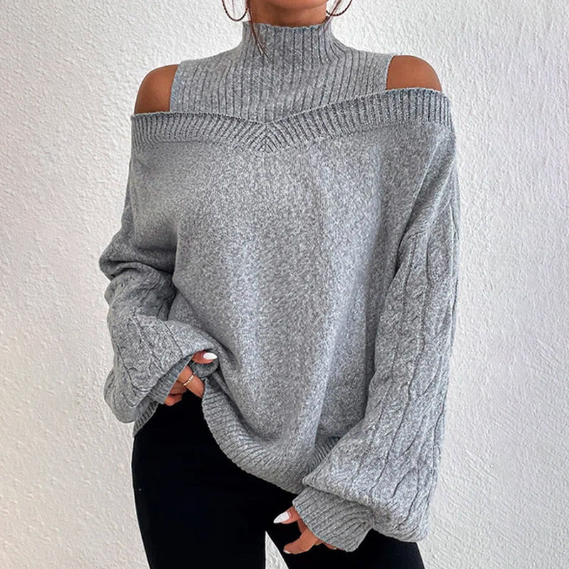 Women's Cold Shoulder Sweater - High Neck Cut Out Pullover Long Sleeve