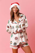 Women’s Satin Santa Claus Pajama Set | Christmas Print Two-Piece Loungewear