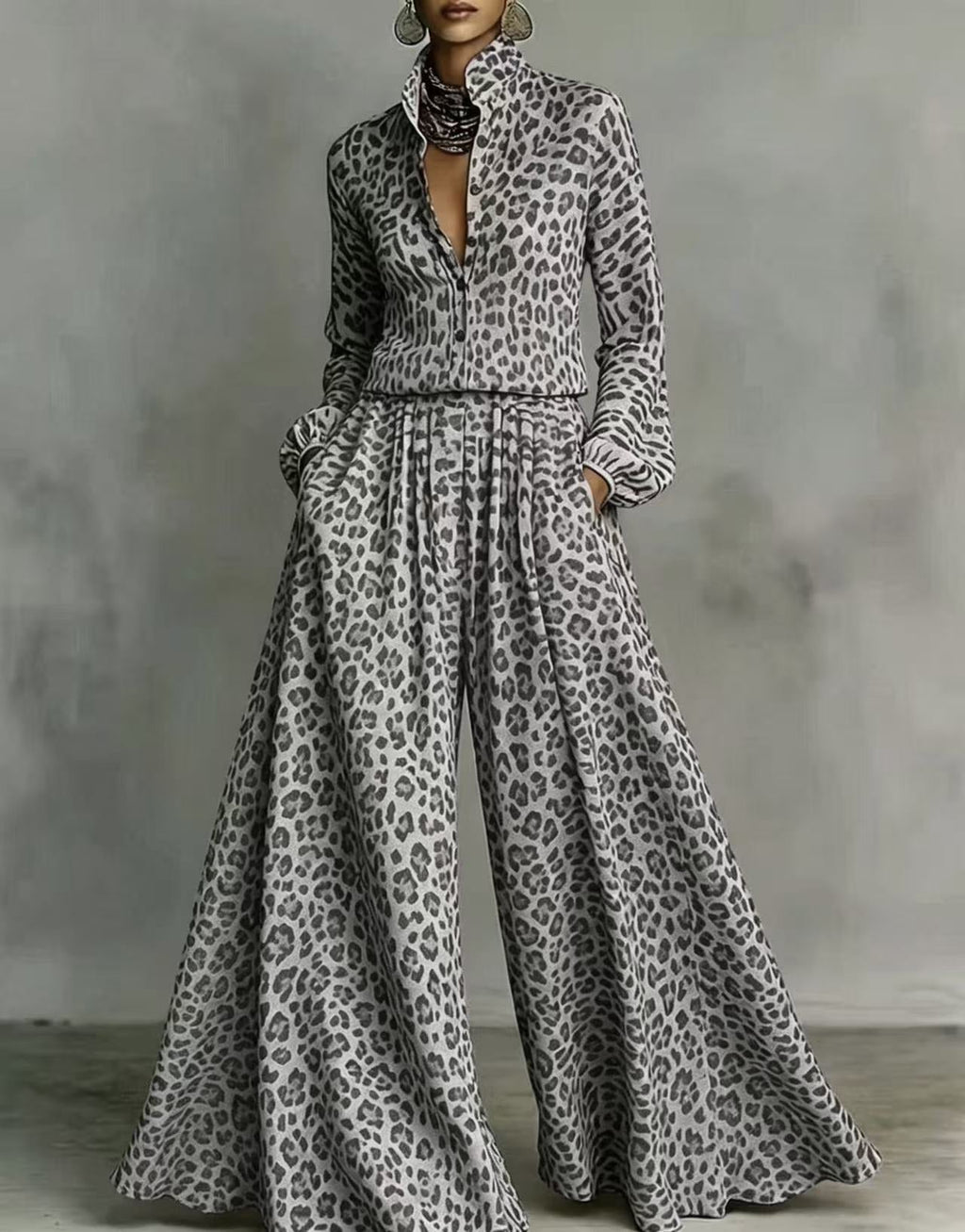 Leopard Print Wide-Leg Pants Set – Women’s Casual Two-Piece