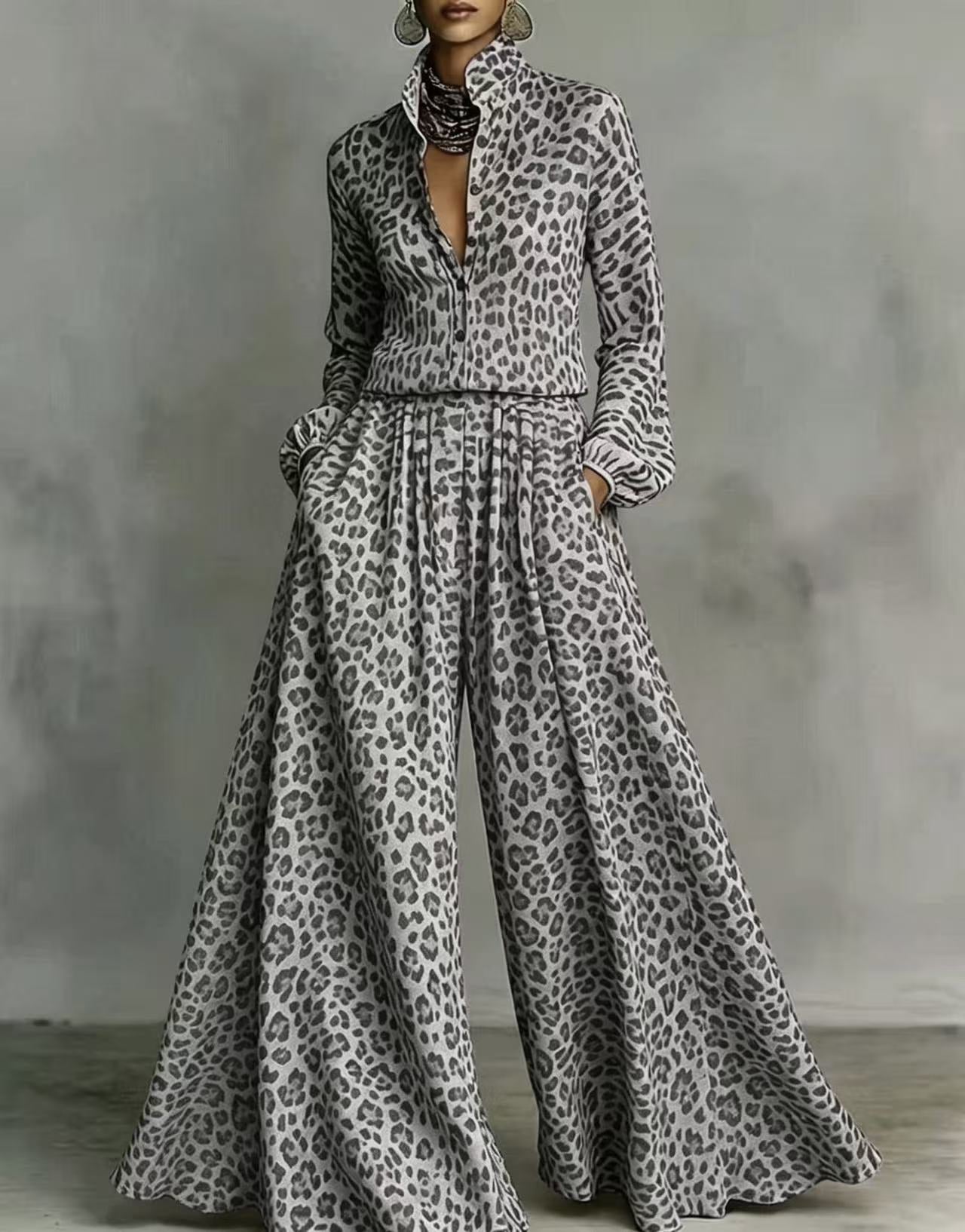 Leopard Print Wide-Leg Pants Set – Women’s Casual Two-Piece