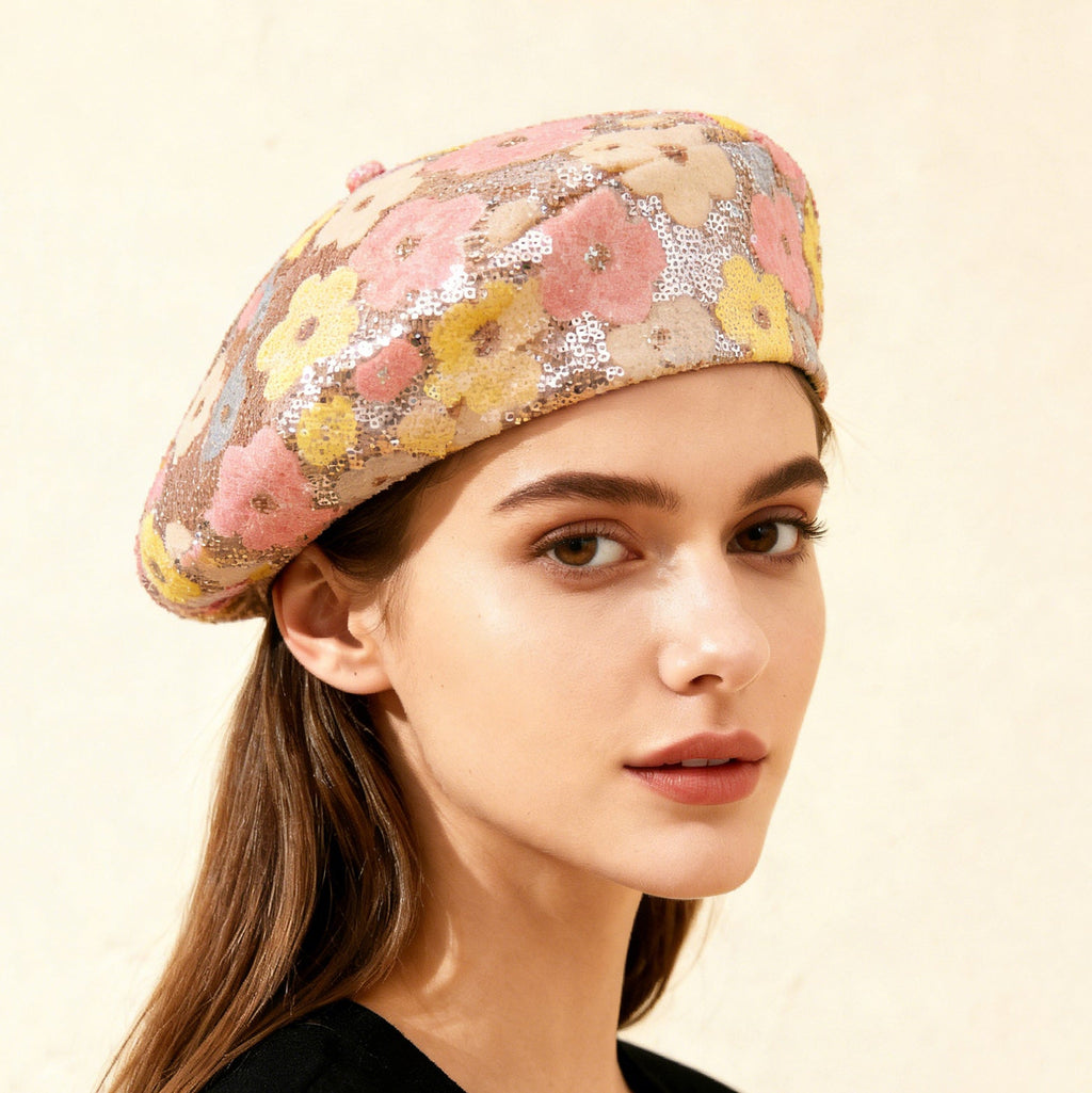 Sequin Flower Beret – Trendy Painter's Hat for Women | Outdoor & Everyday Style
