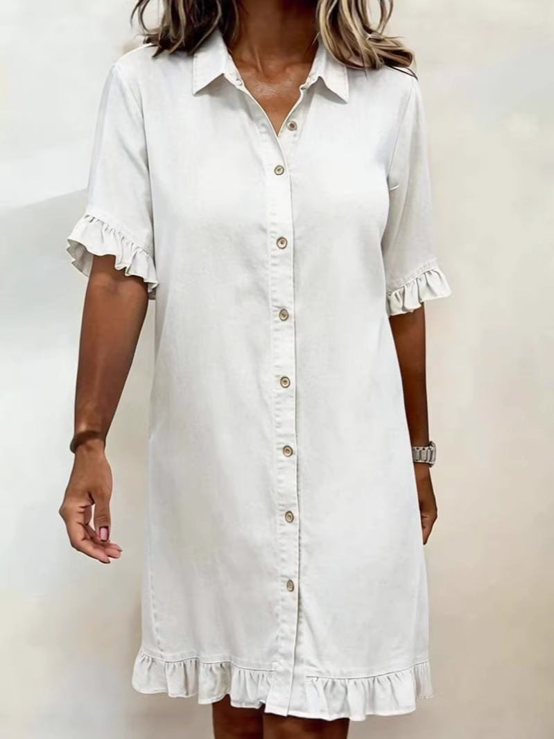 Women's Faux Denim Ruffle-Sleeve Shirt Dress