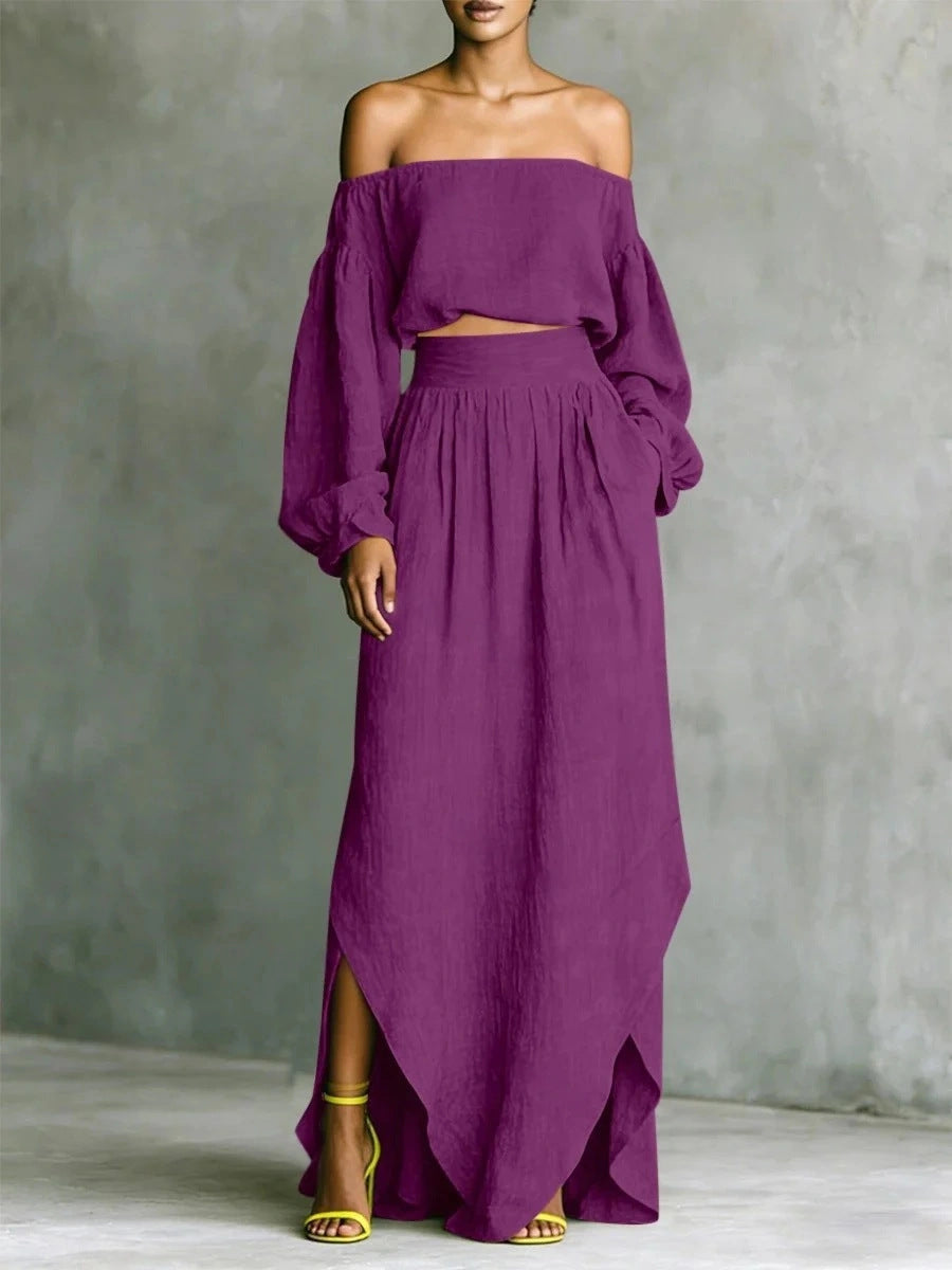 Off-Shoulder Top & Asymmetrical Maxi Skirt Set – Women's 2-Piece Outfit