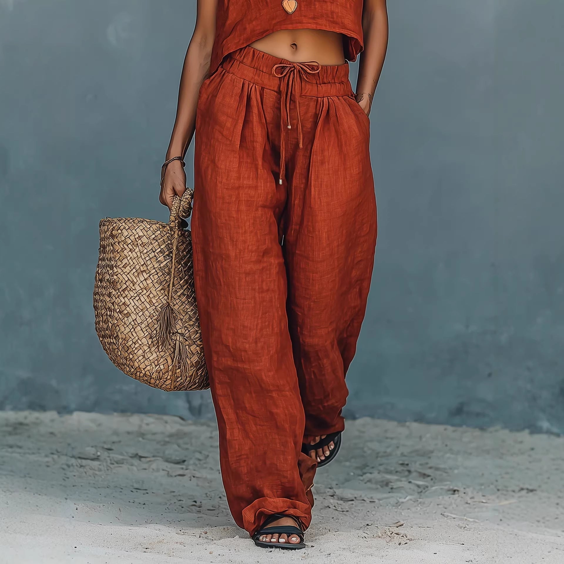 Women's Sleeveless Tank Top & Wide-Leg Pants Set – Linen Blend Summer Two-Piece