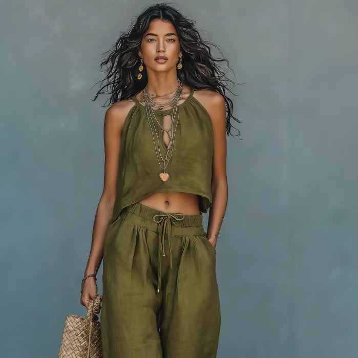 Women's Sleeveless Tank Top & Wide-Leg Pants Set – Linen Blend Summer Two-Piece
