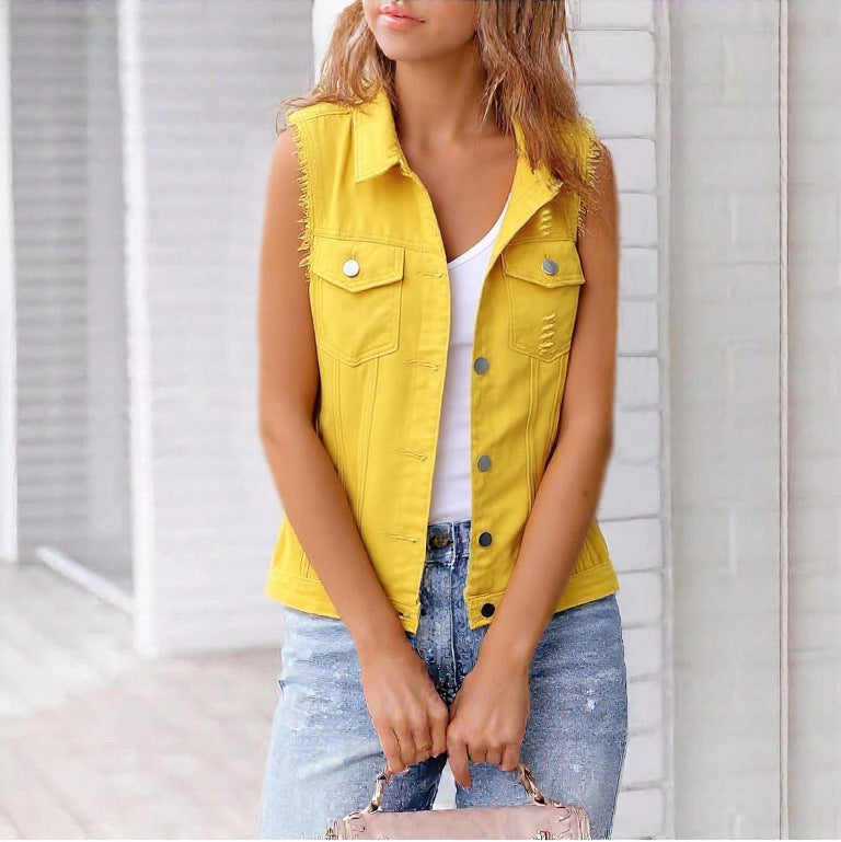 Women's Colorful Denim-Style Vest Jacket – Spring & Summer