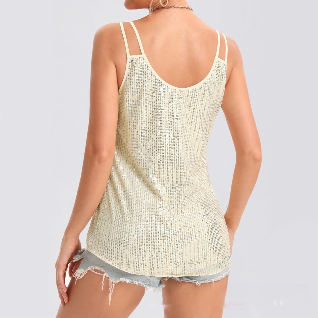 Sequin V-Neck Camisole – Rhinestone Strap Sparkly Top